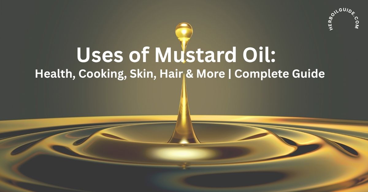 Illustration showing health, cooking, skincare, and haircare uses of mustard oil